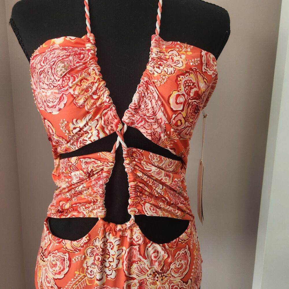 Cosita Linda Swimsuit Beaded Floral Cut Out Halter One Piece Swim NWT XL - Picture 4 of 14